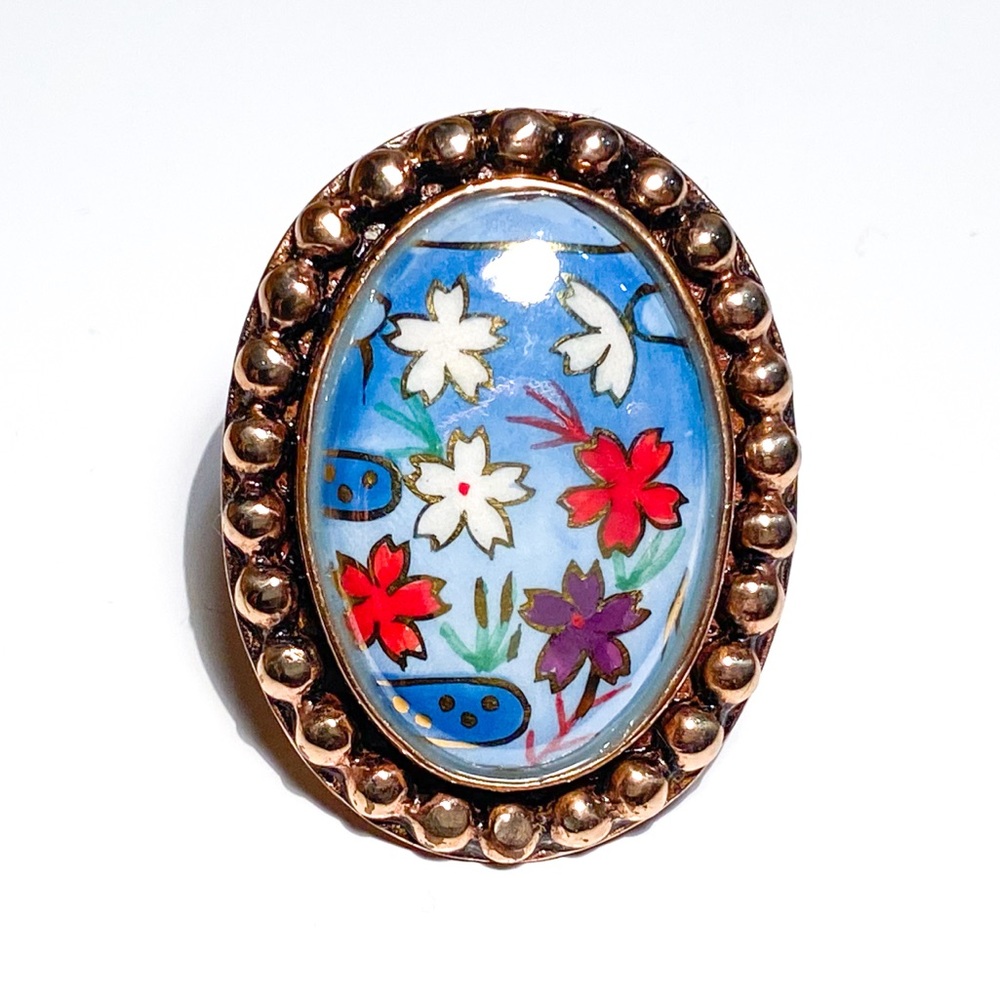 Amy Kahn Russell Bronze Ring with Hand-painted Oval Floral Center, Oversized - Picture 4 of 15
